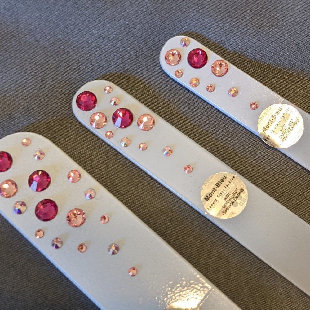 🆕SET OF 3 MONT BLEU DOUBLE SIDED WHITE GLASS NAIL FILES W/ SWAROVSKI CRYSTALS